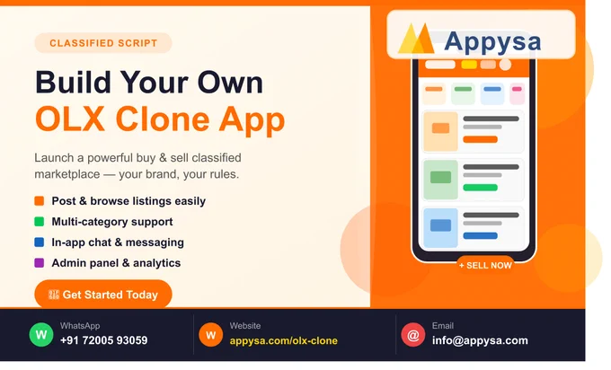 🛒Build your own OLX-style marketplace with Appysa!
Launch your classified ads platform today.