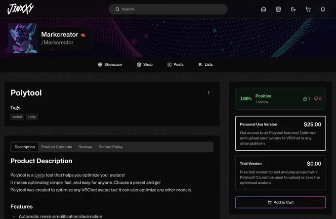 Screenshot of Polytool being available on the Jinxxy store