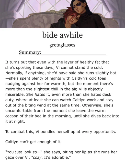 a screenshot from chapter 7 of bide awhile by gretaglasses. at the top is a banner featuring Caitlyn and Vi snuggled together on a sofa.