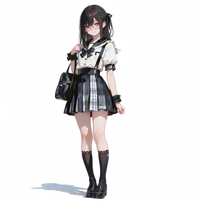 ★モノトーン・フレアサスペンダー★
Cute Japanese cafe-inspired uniform style, summer daylight, (light pastel sax blue button-up shirt, short puff sleeves with delicate black ribbon cuffs), (frilled sailor collar, white lace trim), (black grosgrain bowtie ribbon), (high-waisted pleated A-line skirt with delicate frilled suspender straps:1.2), gray and black gingham check pattern, fine tartan, realistic fabric folds, (black leather school bag), (black lace-trimmed crew socks, smooth texture), (black leather platform loafers), polished surface, rounded toe, silver buckles,