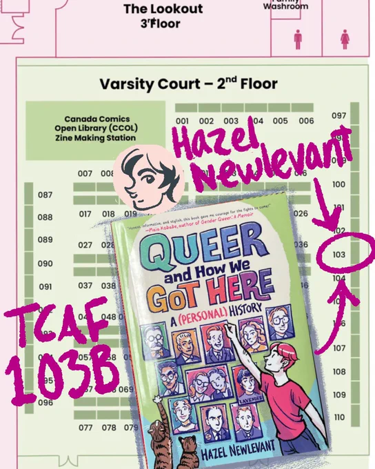 TCAF table map showing Hazel Newlevant selling QUEER AND HOW WE GOT HERE at table 103B (2nd floor)