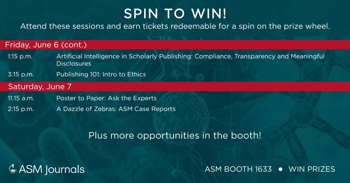 
Event schedule graphic from the American Society for Microbiology with a teal background and microscopy imagery. Header text reads “ASM Booth 1633 • Win Prizes” and “Spin to Win!” followed by “Attend these sessions and earn tickets redeemable for a spin on the prize wheel.” Red panels list session titles and dates, scheduled between June 4 and June 6. The ASM logo and “Journals.ASM.org” appear at the top.
