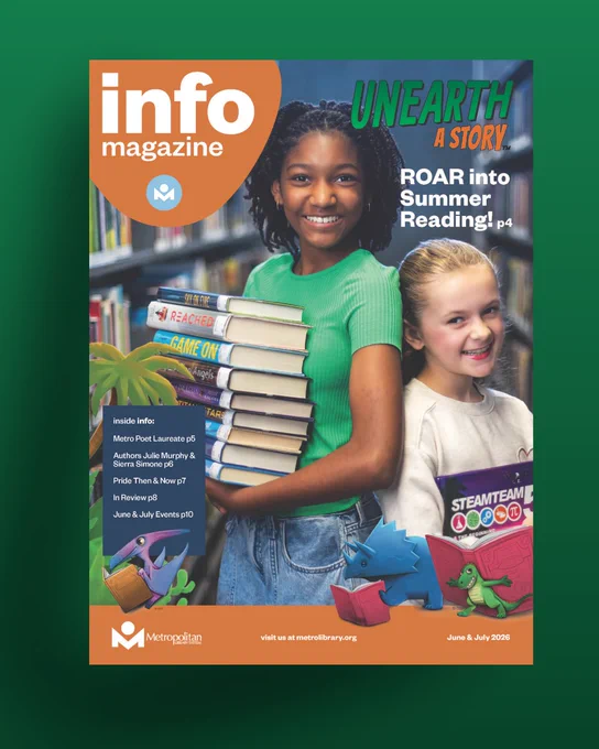 Two children stand in a library holding a stack of books promoting summer reading on the cover of Info Magazine.