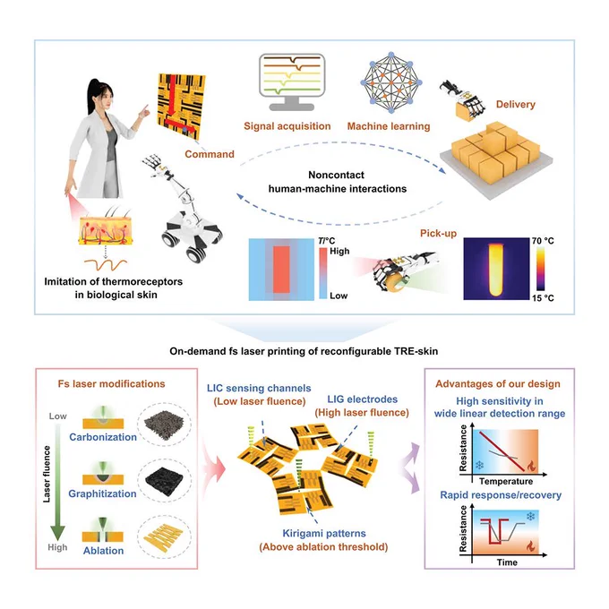 Monolithic design and on-demand laser printing of freeform-reconfigurable and fast-responsive electronic skins for noncontact human-machine interactions
