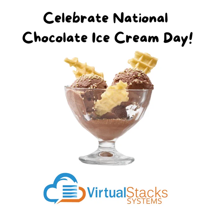 Photo illustration of two scoops of chocolate ice cream in glass bowl; Virtual Stacks Systems logo.