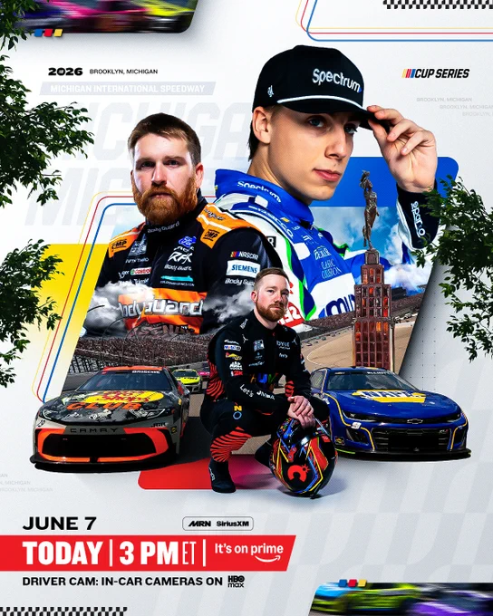 A tune-in graphic for the NASCAR Cup Series race at Michigan International Speedway. The graphic reads, "TODAY. 3 p.m. ET. Prime Video."