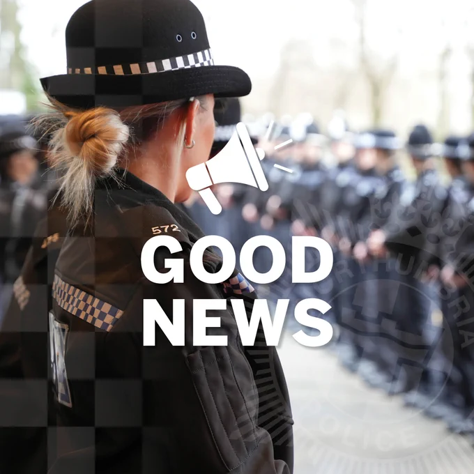 Photo of police officer with graphic text saying 'good news'