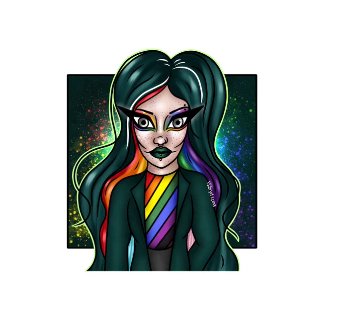 A female character with green wavy hair with rainbow underneath, wearing clothing inspired by the gwr pride livery and colourful makeup stood in front of a green and rainbow background