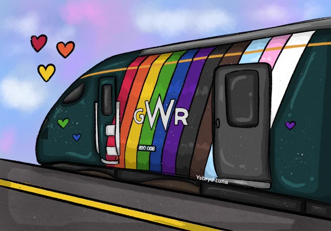 A sketch style drawing of the side of 800 008 which displays the progress pride flag and the gwr logo