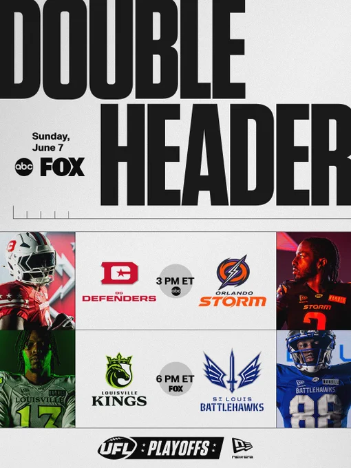 Promotional image for UFL Playoffs featuring matchups: DC Defenders vs Orlando Storm, and Louisville Kings vs St. Louis Battlehawks, airing on ABC and FOX.