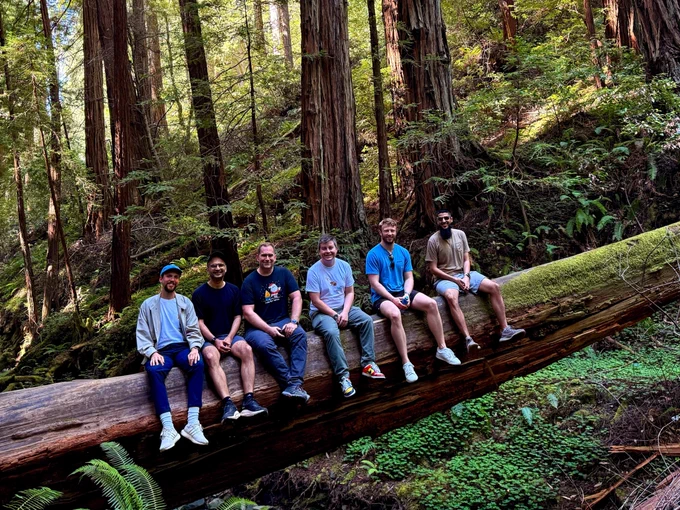 Photo of six people sitting on a huge fallen over tree trunk in the middle of a forest with many sequoia trees in the back.

The people sitting on it are (right from left):
Mustafa, Andrew, Joe, Emmanuel, Pritesh and me