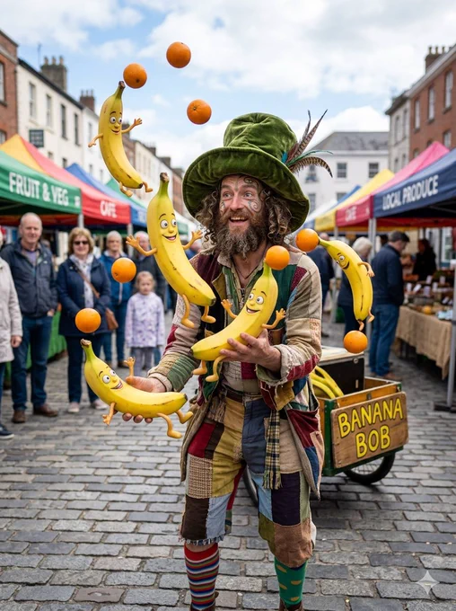 3:4, A weird person juggling anthropomorphic bananas. The anthropomorphic bananas are juggling oranges.