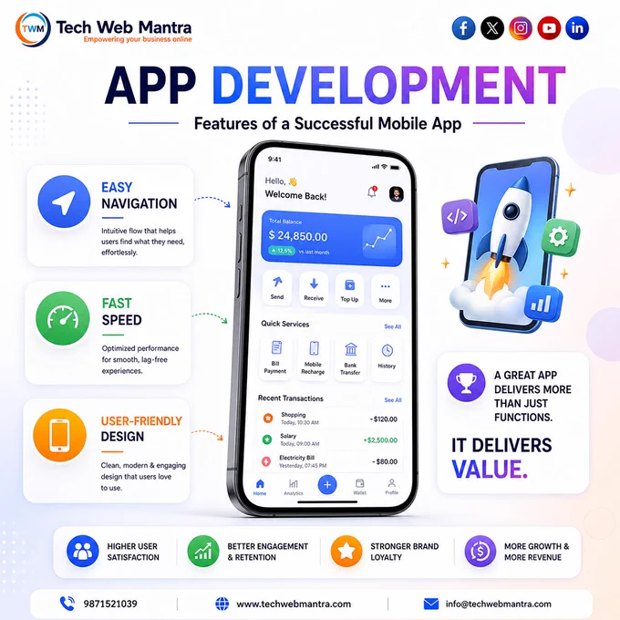 Tech Web Mantra promotional graphic showcasing professional mobile app development services with features including easy navigation, fast performance, user-friendly design, customer engagement tools, business growth solutions, Android and iOS app development, custom mobile applications, and scalable app solutions for businesses across India.

app development company India, mobile app development company, android app development, iOS app development, custom mobile app development, best app development company India, mobile application development services, business app development, ecommerce app development, MLM mobile app development, software development company India, hybrid app development, native app development, startup app development, enterprise mobile app development, UI UX app design, mobile app solutions, app development services, secure mobile app development, scalable mobile applications, cross platform app development, custom software development, mobile app design 