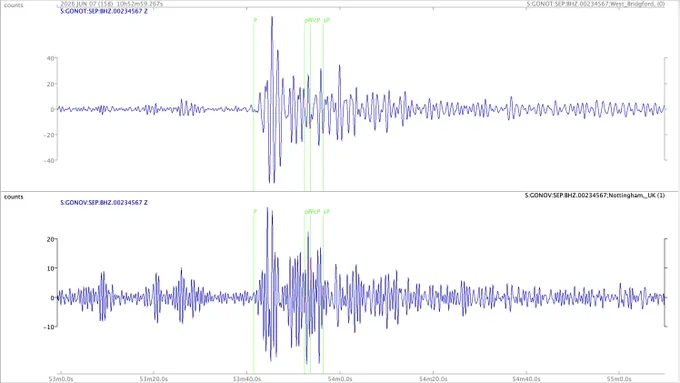 Two seismograms showing P-wave arrivals at about 10.53.40 UTC