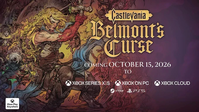 Castlevania: Belmont's Curse key artwork by Katsuya Terada with logos for the game and platforms being released on.
