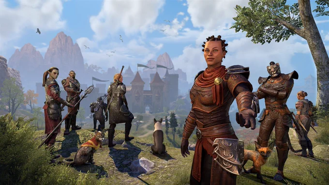 A group of adventurers beckon to the viewer to join them.