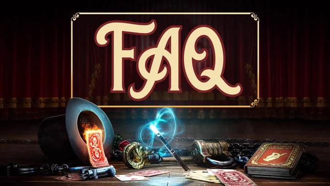 A magician's hat with a glowing playing card, wand, and mystical objects on a stage beneath a large FAQ sign.