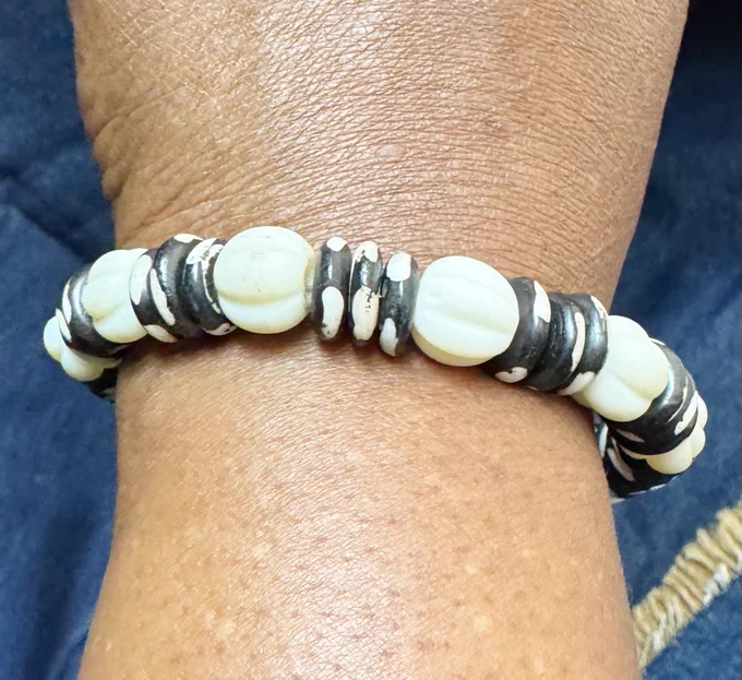 Batik bone and recycled glass bracelet