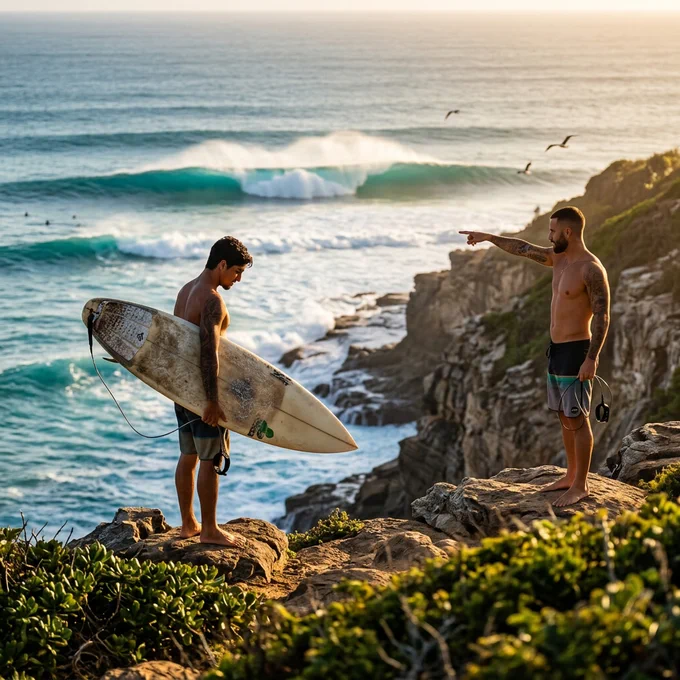 Two shirtless friends stand on rocky cliffs, observing the ocean waves, one holding a surfboard while the other points toward the water.