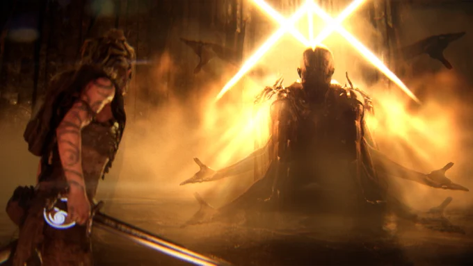 Senua, a Celtic warrior, wields a sword with runes carved into its blade. She confronts a giant, humanoid being radiating golden light.