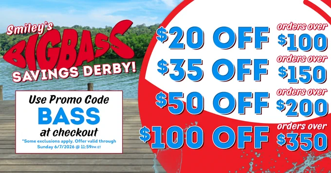 Advertisement for Smiley's Big Bass Savings Derby with discount offers. The promo includes $20 off orders over $100, $35 off orders over $150, $50 off orders over $200, and $100 off orders over $350. Promo code "BASS" is required at checkout. Offer valid through Sunday, June 7, 2026, at 11:59 PM ET. Lake and tree background. - Cigars International
