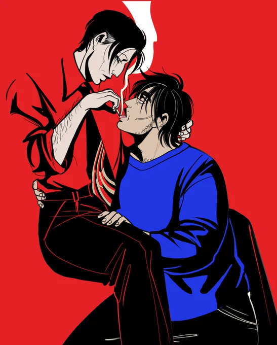 Art of Cora and Nadir. Cora is a Khanty-Russian middle-aged butch vampire, Nadir is a Crimean Tatar middle-aged butch vampire. Cora is sitting and putting out a cigarette on Nadir's tongue who is on their knees in front of her.