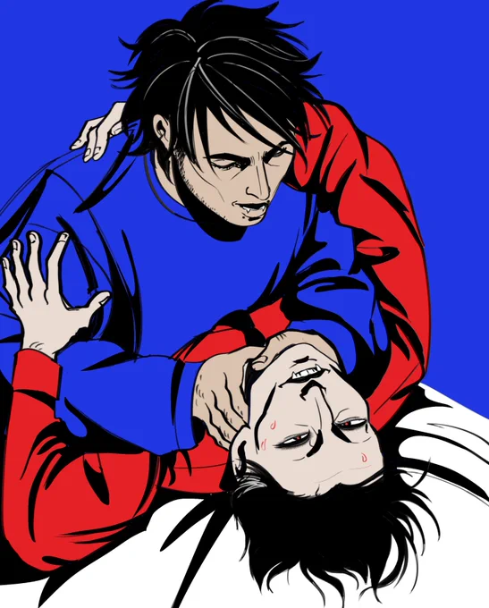 Art of Cora and Nadir. Cora is a Khanty-Russian middle-aged butch vampire, Nadir is a Crimean Tatar middle-aged butch vampire. Nadir is strangling Cora who is smiling.