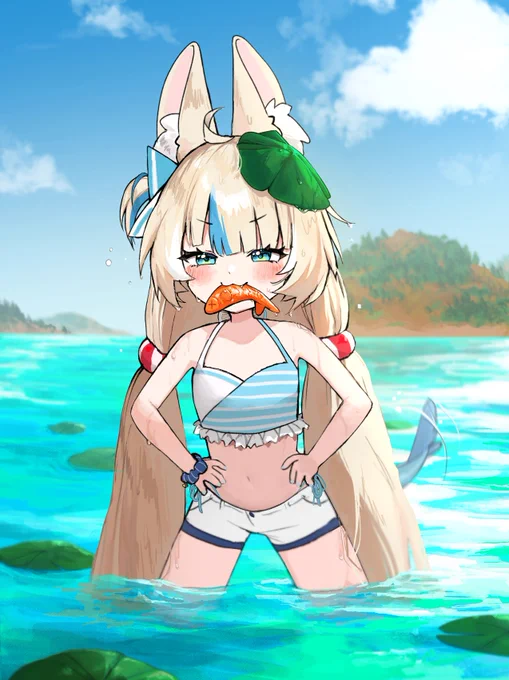 Sameko Saba standing in the water with a smug expression and a fish in her mouth.