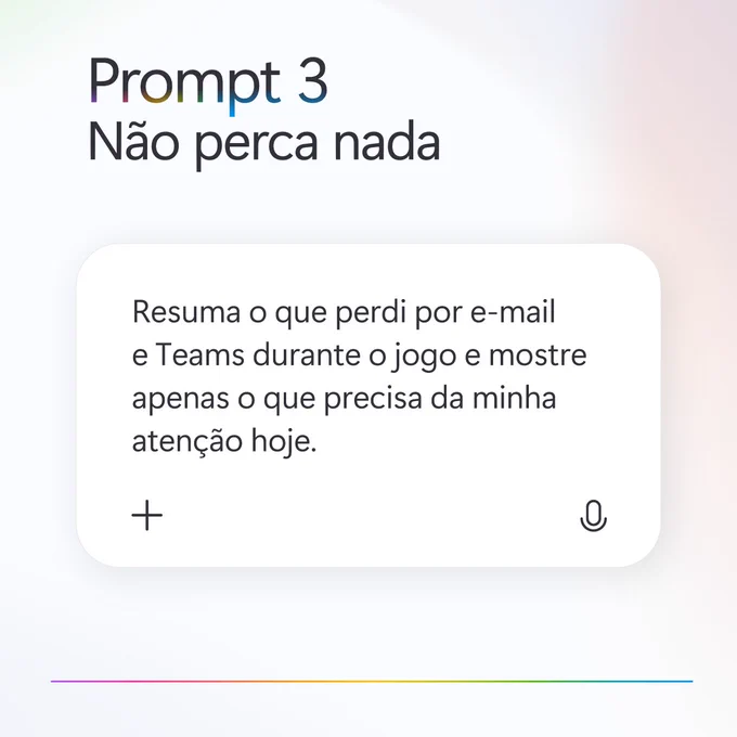 Interface do Copilot com prompt para resumir mensagens perdidas e priorizar atenção.