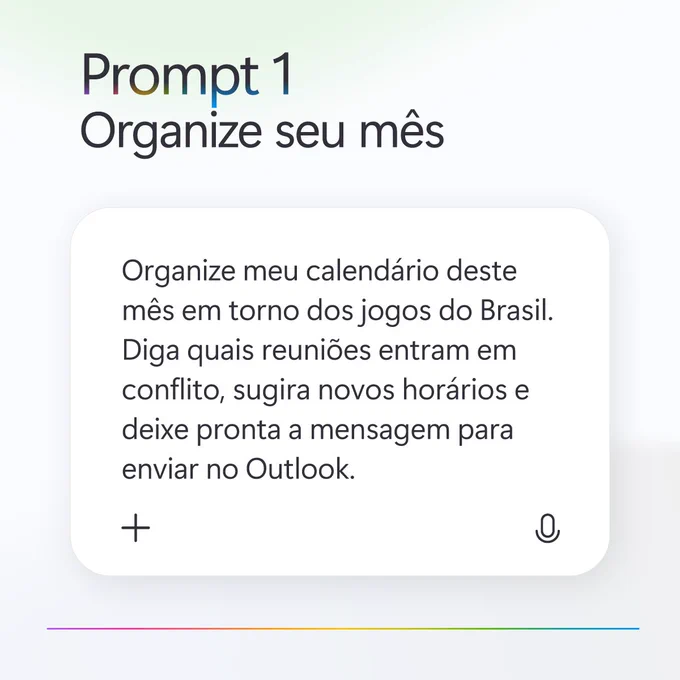 Interface do Copilot com prompt para organizar calendário conforme jogos.
