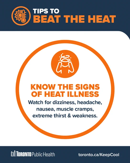 A series of orange/navy/white graphics titled, ‘Tips to Beat the Heat’. Each graphic shows an illustrated icon & a written tip on how to keep cool/stay safe. The bottom banner shows the Toronto Public Health logo & links to toronto.ca/KeepCool 