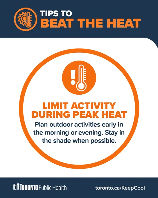 A series of orange/navy/white graphics titled, ‘Tips to Beat the Heat’. Each graphic shows an illustrated icon & a written tip on how to keep cool/stay safe. The bottom banner shows the Toronto Public Health logo & links to toronto.ca/KeepCool 