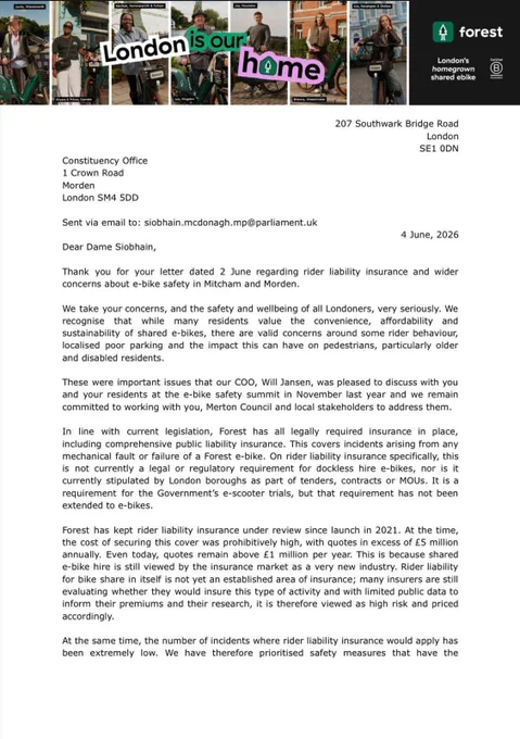 Letter sent by Forest bike hire to MP Siobhain McDonagh in reply to her letter asking why third party insurers is not included in the hire charge (first page of two).