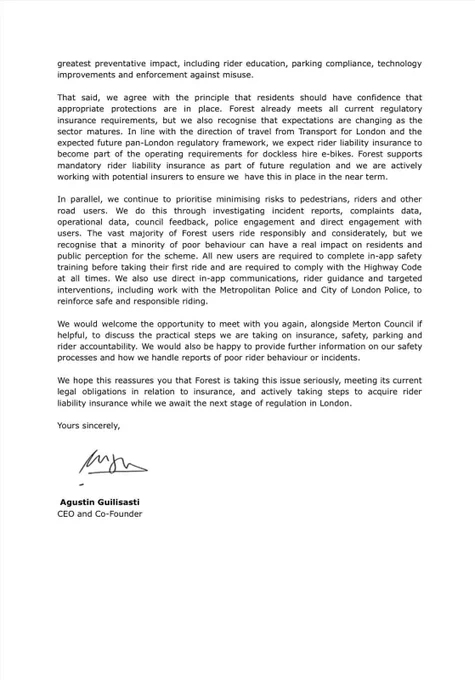 Letter sent by Forest bike hire to MP Siobhain McDonagh in reply to her letter asking why third party insurers is not included in the hire charge (second page of two).