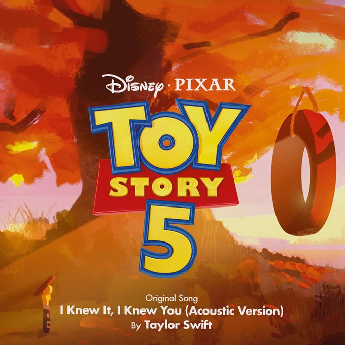 Cover for the original song, "I Knew It, I Knew You (Acoustic Version)" by Taylor Swift. Features the Disney and Pixar Toy Story 5 logo over an autumnal orange and red painted background with Jessie, a large tree, and a tire swing.