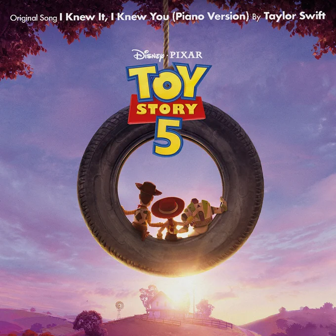 Cover for the original song, "I Knew It, I Knew You (Piano Version)," by Taylor Swift. Features Woody, Jessie, and Buzz Lightyear sitting inside a tire swing, looking a a country landscape under the Disney and Pixar Toy Story 5 logo.