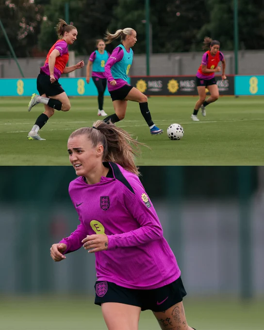 Split image of Lionesses players during training at Melwood training centre and Georgia Stanway running. 