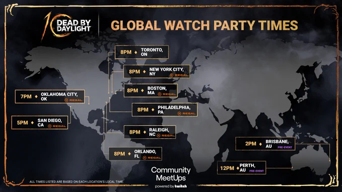 Creator-led watch parties and pre-events in US, Canada and Australia on June 14th. The location details are highlighted on the map with specific timings. 