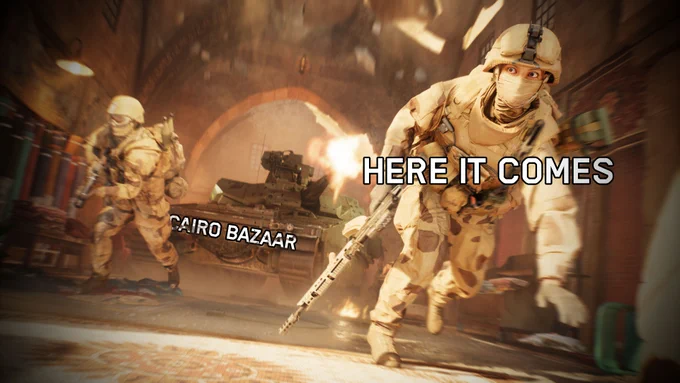 Screenshot from the Cairo Bazaar map showing two soldiers running away from an approaching tank. The tank is labeled "Cairo Bazaar," and one of the soldiers is labeled with the text "Here it comes.