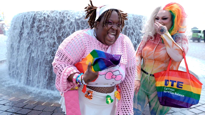From left: Daija Parker, 24 and Champagne Divine, 25, both from Monroe, laugh after cooling off from the mist coming off the Dodge Fountain during Motor City Pride at Hart Plaza in Detroit on Saturday, June 6, 2026. Photo by Eric Seals, Detroit Free Press