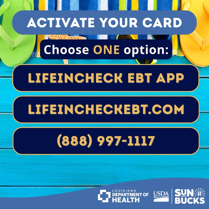 Graphic titled “Activate your card.” Text says: “Choose ONE option:” and lists the LifeInCheck EBT app, LifeInCheckEBT.com, and 888-997-1117.
