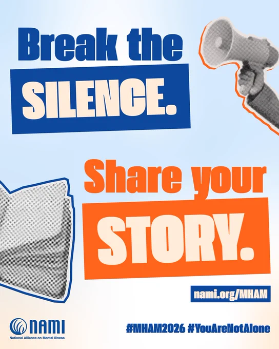 Graphic urging people to break the silence and share their story with a megaphone and speech bubble illustration.