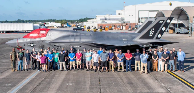 Team members stand in front of BF-105, one of the first three operational F-35B Lightning II aircraft converted from the Technology Refresh 2 (TR-2) to the advanced Technology Refresh 3 (TR-3) configuration at Fleet Readiness Center (FRC) East at Marine Corps Air Station in Cherry Point, North Carolina. FRC East is the lead site for depot-level maintenance, modifications and repairs on the Marine Corps’ short takeoff/vertical landing variant. (Photo courtesy of Lt. Col. Matthew Hawkins, F-35 Joint Program Office)
