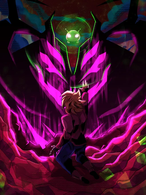 Gary is kneeling on terrain while reaching up with his right hand to a glowing Mooncake with purple eyes. Invictus is in their true form behind Mooncake, causing the lighting to be pink. The sky is red with blue clouds overhead behind them.