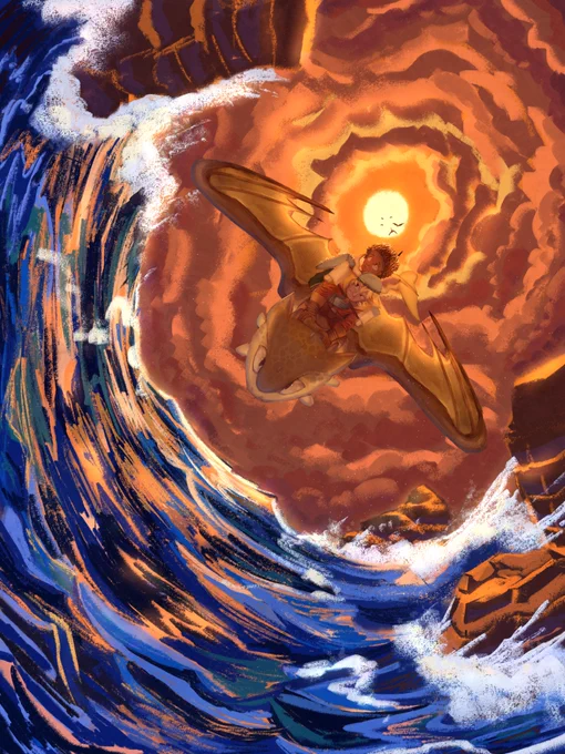Based by HTTYD. Gary wears a viking helmet lopsided while leaning forward and smiling at the camera. Quinn sits behind Gary, holding onto his shoulder and chest while she looks at the scene surrounding the two. They fly over ocean waves with seastacks around the two at sunset. There is a ring of clouds parting to show the sun- where Mooncake likely flew through. Near the sun there are shadows of other dragons behind the two.