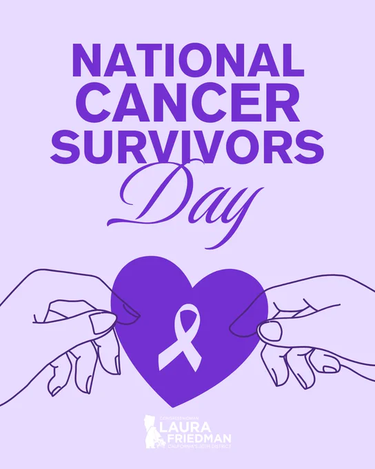 A purple graphic celebrates National Cancer Survivors Day with hands holding a heart featuring a ribbon symbol. The mood is supportive and empowering.