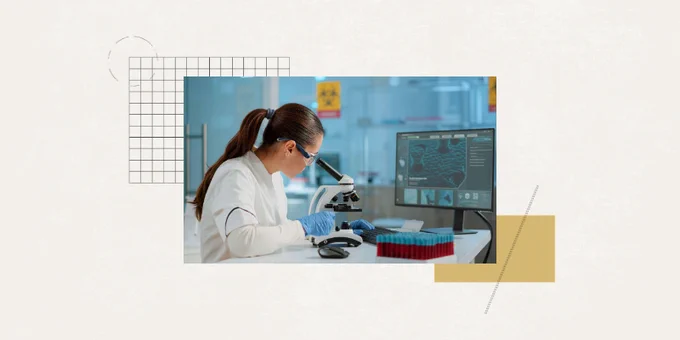 A smaller photo of a researcher looking in a microscope overlayed on a graphic. The background of the graphic has a CU gold box underneath the bottom right corner of the photo. There is a line through the CU gold box. Behind the top left corner of the photo, there is a grid. The background overall is an off-white.