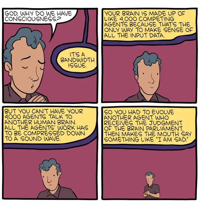 Part 1/2 of an 8-panel SMBC comic update. A man asks God (who is out of the frame) "God, why do we have
consciousness?" God answers, puzzlign the man further and further over 3 panels. "It’s a bandwidth issue. Your brain is made up of like 4,000 competing agents because that’s the only way to make sense of all the input data. But you can’t have your 4,000 agents talk to another human brain. All the agents’ work has to be compressed down to a sound wave. So you had to evolve another agent who receives the judgment of the brain parliament, then makes the mouth say something like 'I am sad'.”