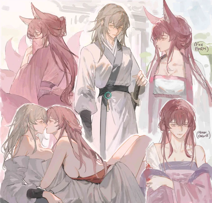 Kafka and Stelle from Honkai Star Rail in Chinese-style xianxia alternate universe where Kafka is a fox spirit/hulijing and Stelle is a martial arts disciple. Stelle is wearing white disciple robes and uses a sword. Kafka is a nine-tailed fox in purple flowy clothes. She meets Stelle disguised as a human. Fox form Kafka has big upright fox ears and wears a thin light face covering cloth most of the time.