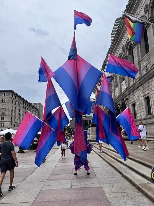 A full shot from behind a person wearing an elaborate, multi-flag costume walking outside the Boston Public Library. The costume features over a dozen large bisexual pride flags (pink, purple, and blue horizontal stripes) attached to poles, fanning out into a massive, towering display. The person is walking on a wide stone plaza next to building stairs, and several passersby are scattered in the background under an overcast sky.